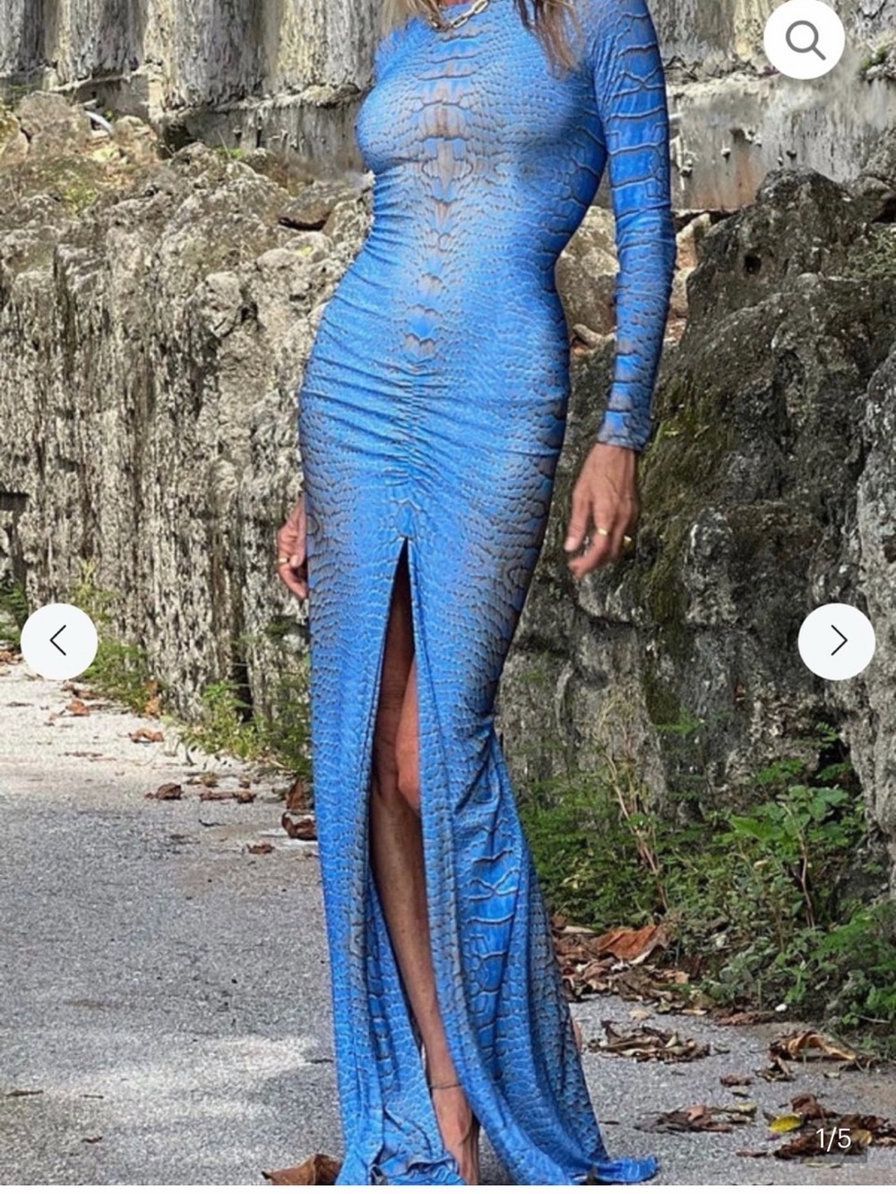 Parker Electric Blue Long Sleeve Ruched Maxi Dress with Front Slit